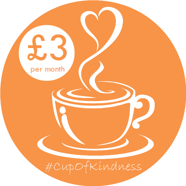cup of coffee with steam rising from it in a heart shape, with '£3 per month' written in a circle to the left and #CupOfKindness below