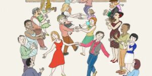The poster is showing a colourful drawing of diverse people dancing a ceilidh with the band on a stage in the background.